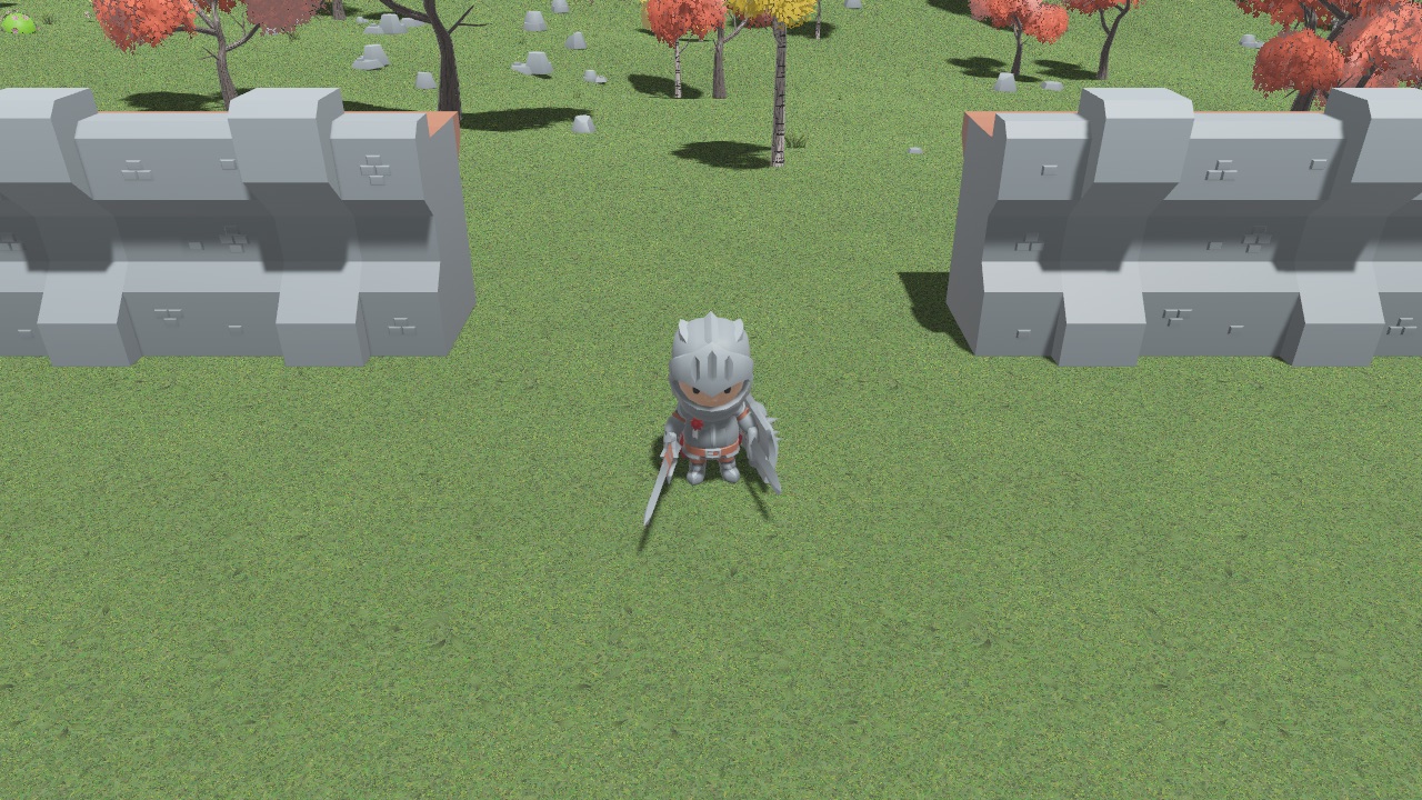 Cedric at the crenellated stone gate of Duskhaven, the walled old capital, with autumn trees beyond the walls