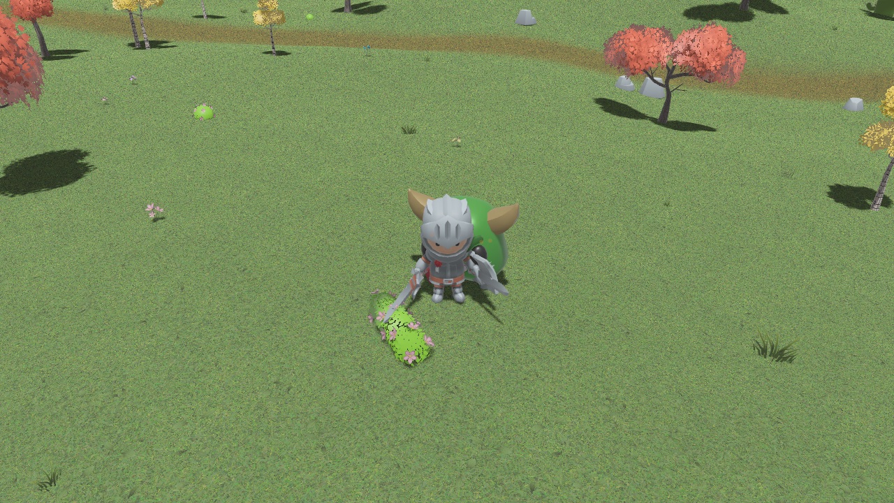 Cedric mid-fight, his sword swing striking a green slime while a horned cactoro monster looms behind him on open grassland