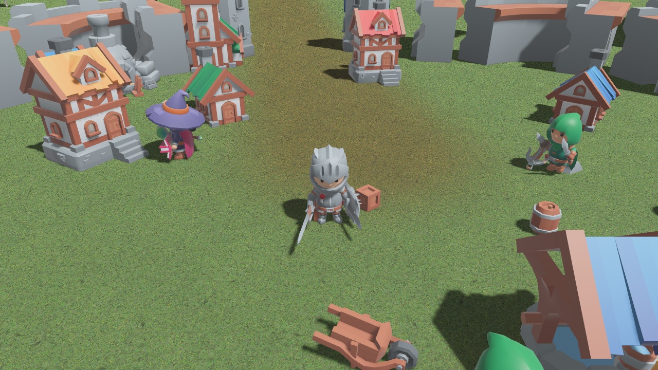 Cedric the knight standing in the village square among timber-framed houses, a market stall and a well, with a hat-wearing mage and a hooded ranger nearby