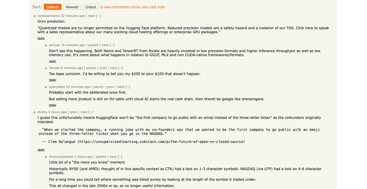 The same Hacker News thread after clicking Default. The comments are back in Hacker News' original threaded order with indentation and collapse togglers restored, and the highlighting removed.