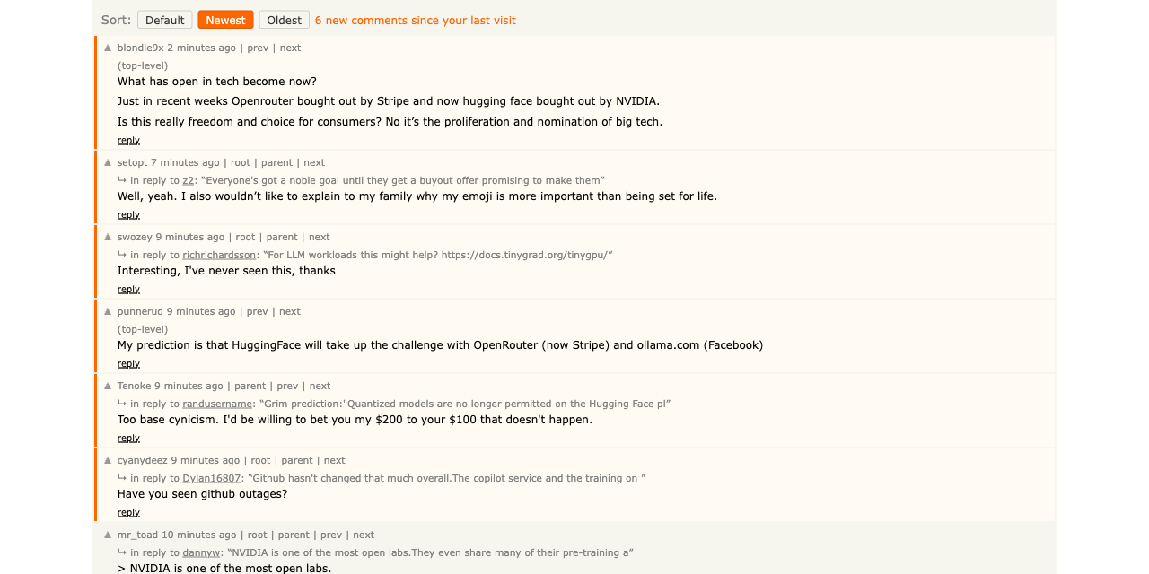 A Hacker News thread sorted newest-first by cwHN. A toolbar reads Sort: Default, Newest, Oldest, followed by the text 6 new comments since your last visit. The six most recent comments have an orange left border and pale background. Each comment shows a small grey context line reading either (top-level) or an arrow followed by in reply to, a username, and a quoted snippet of the parent comment.
