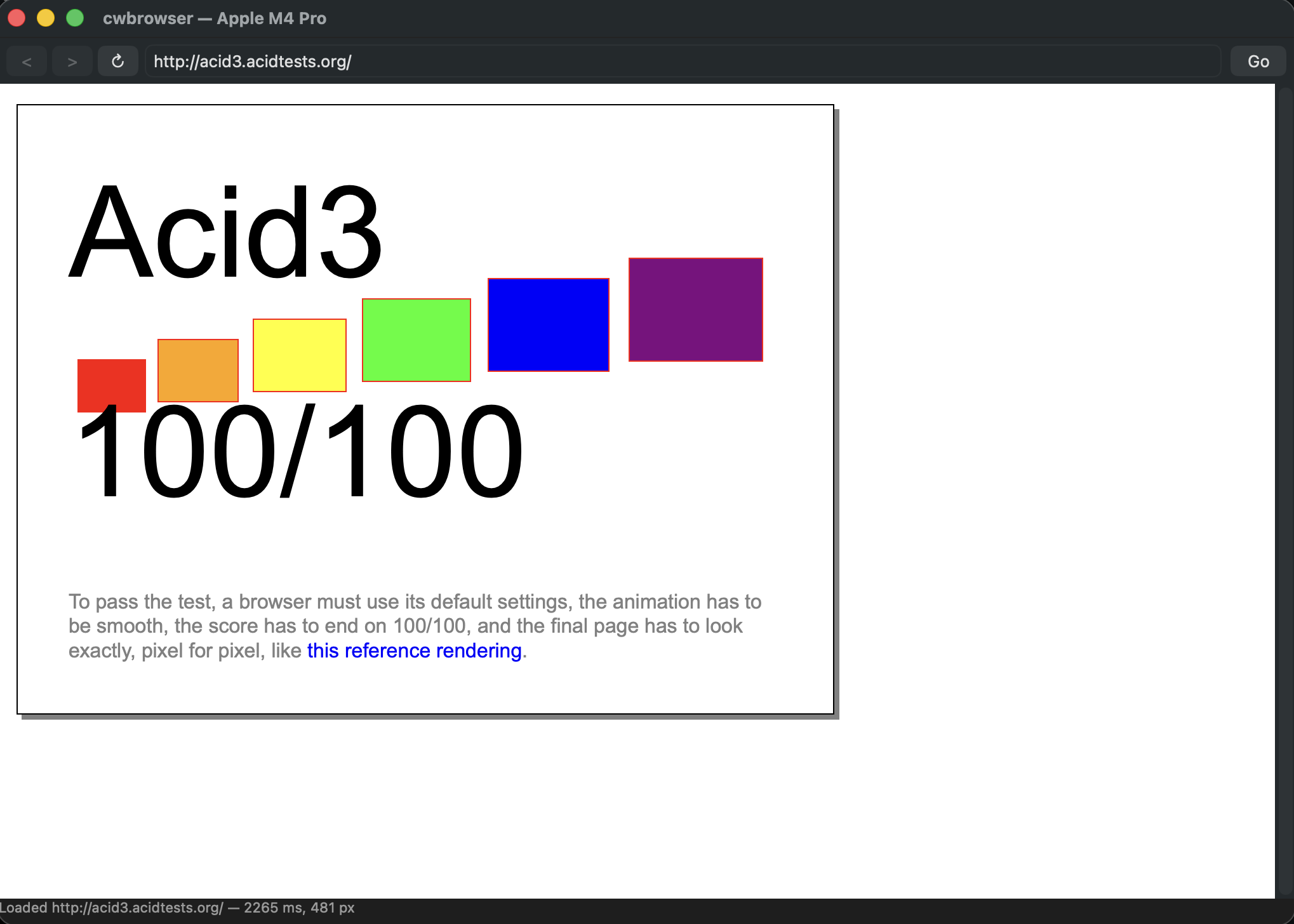 cwbrowser running the Acid3 test at acid3.acidtests.org and showing a perfect 100/100 score, with the coloured animation rectangles rendered correctly and a status bar reading 'Loaded http://acid3.acidtests.org/ — 2265 ms, 481 px'