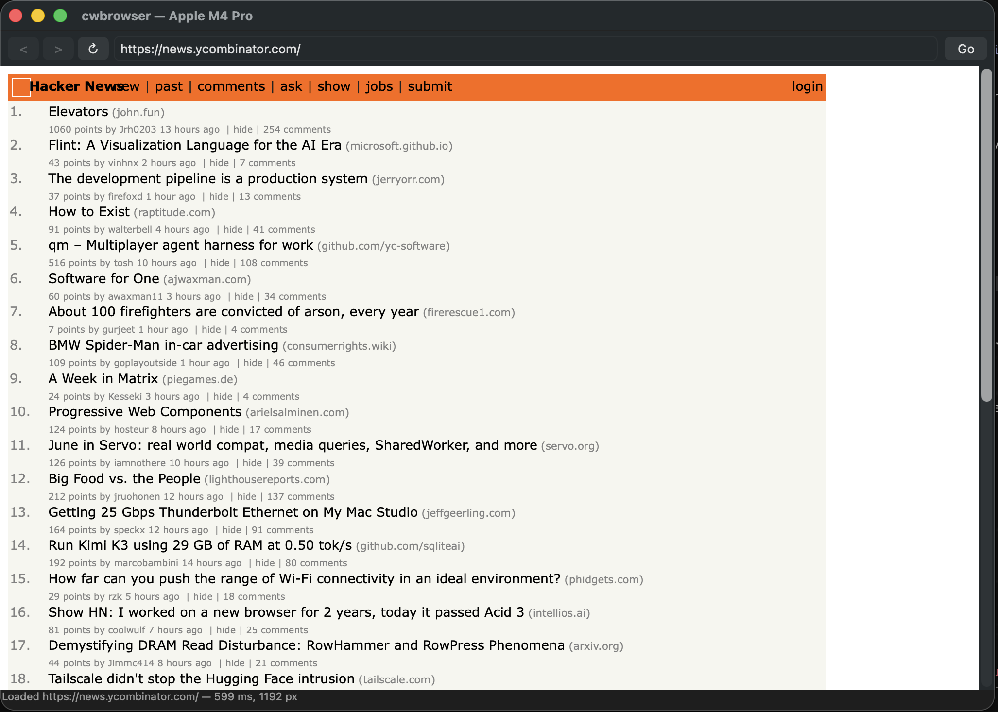 cwbrowser rendering the real Hacker News homepage at news.ycombinator.com — the orange header bar, the numbered story list with points, authors, and comment counts, all laid out correctly, with a status bar reading 'Loaded https://news.ycombinator.com/ — 599 ms, 1192 px'