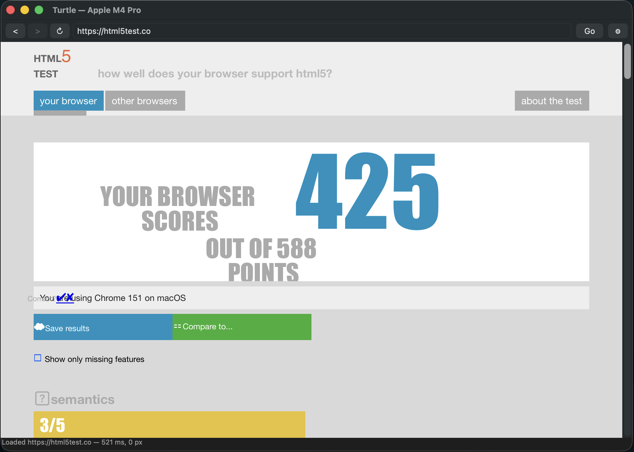 Turtle running the HTML5 test at html5test.co, showing a score of 425 out of 588 points, with the semantics section below scoring 3 out of 5 and a status bar reading 'Loaded https://html5test.co — 521 ms, 0 px'