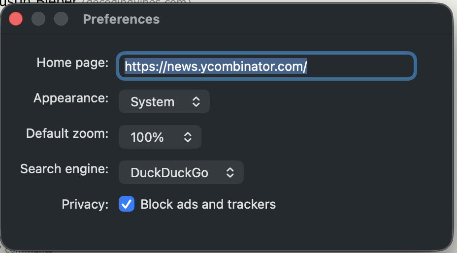 Turtle's Preferences window: a Home page field set to https://news.ycombinator.com/, an Appearance menu set to System, a Default zoom menu set to 100%, a Search engine menu set to DuckDuckGo, and a Privacy checkbox labelled 'Block ads and trackers', which is ticked