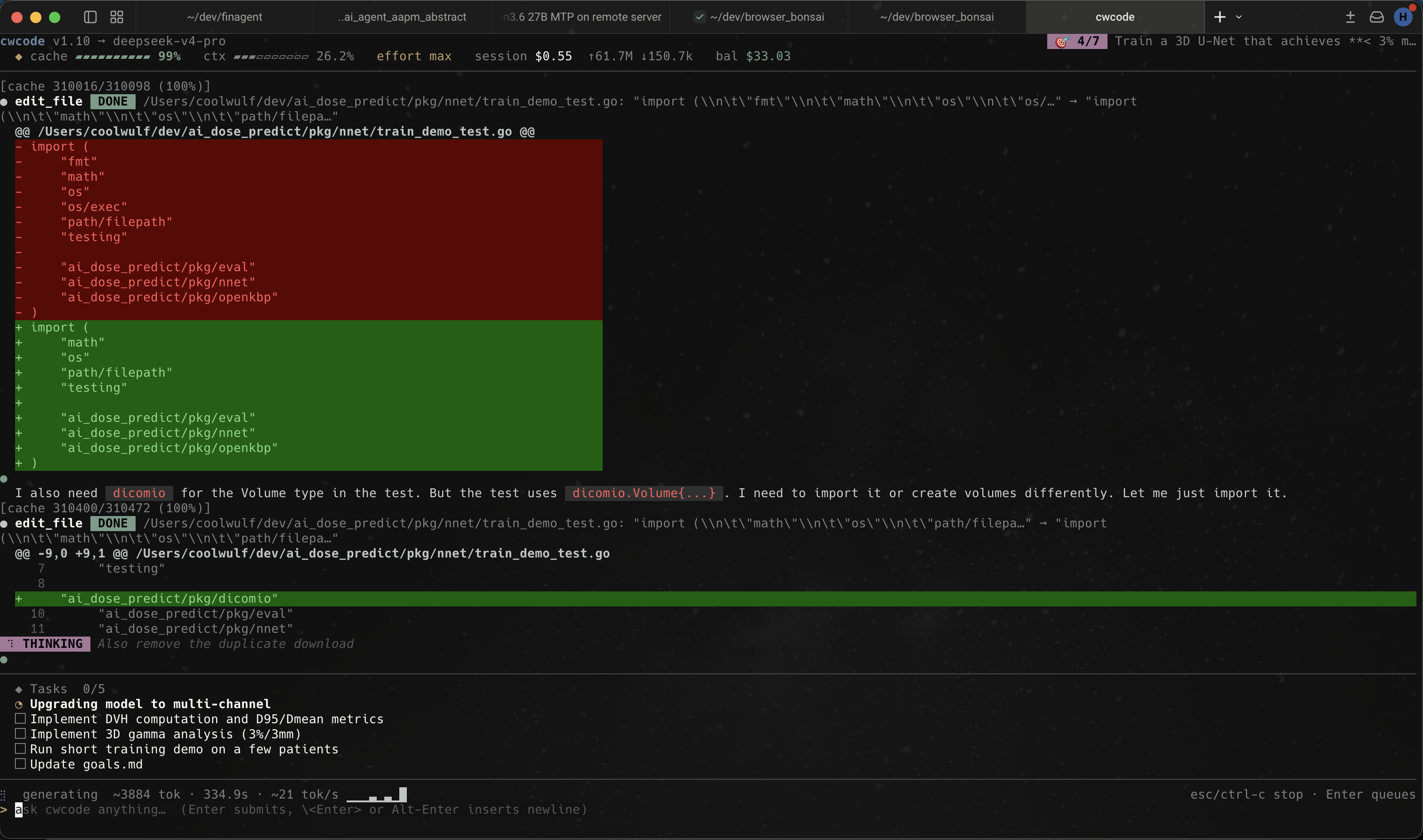 cwcode TUI showing an edit_file diff on a Go test in a dose-prediction codebase, with the streaming THINKING indicator and a five-item task checklist visible at the bottom