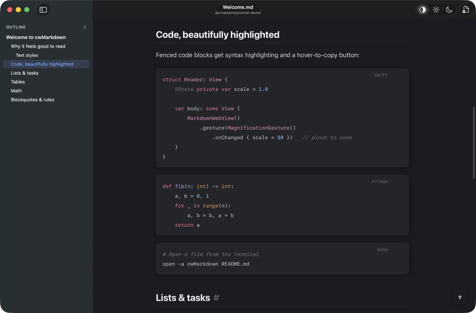 cwMarkdown showing syntax-highlighted code blocks in dark mode