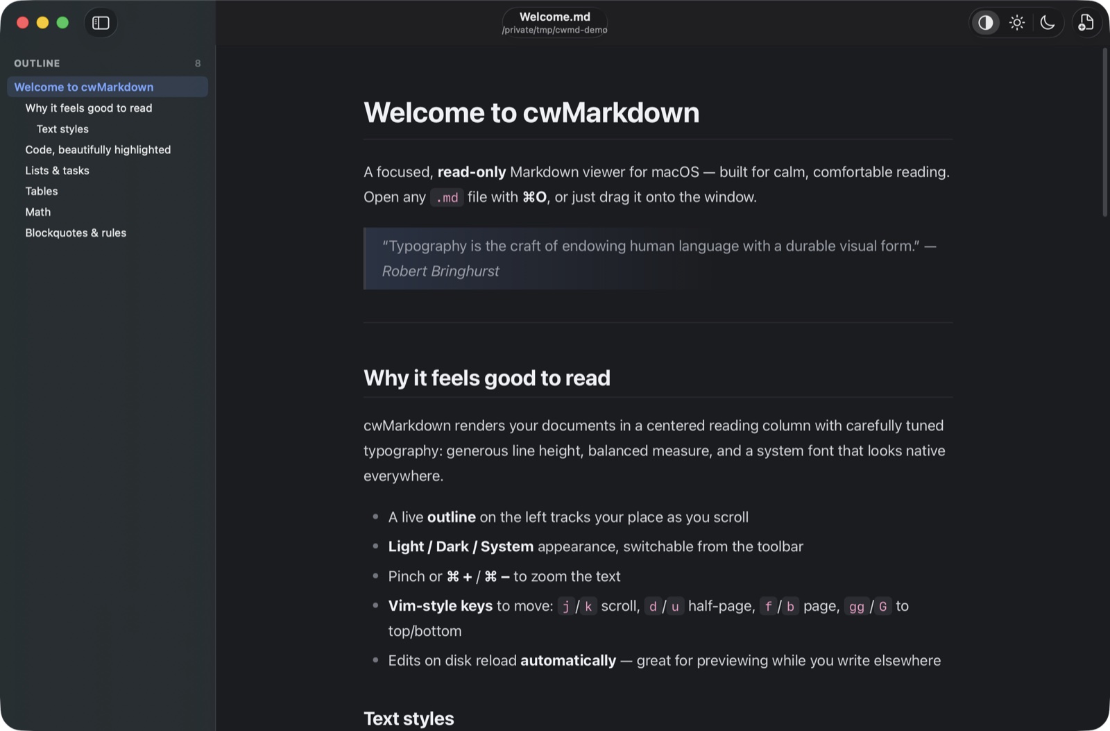cwMarkdown reading a document: outline sidebar on the left, centered reading column, dark theme