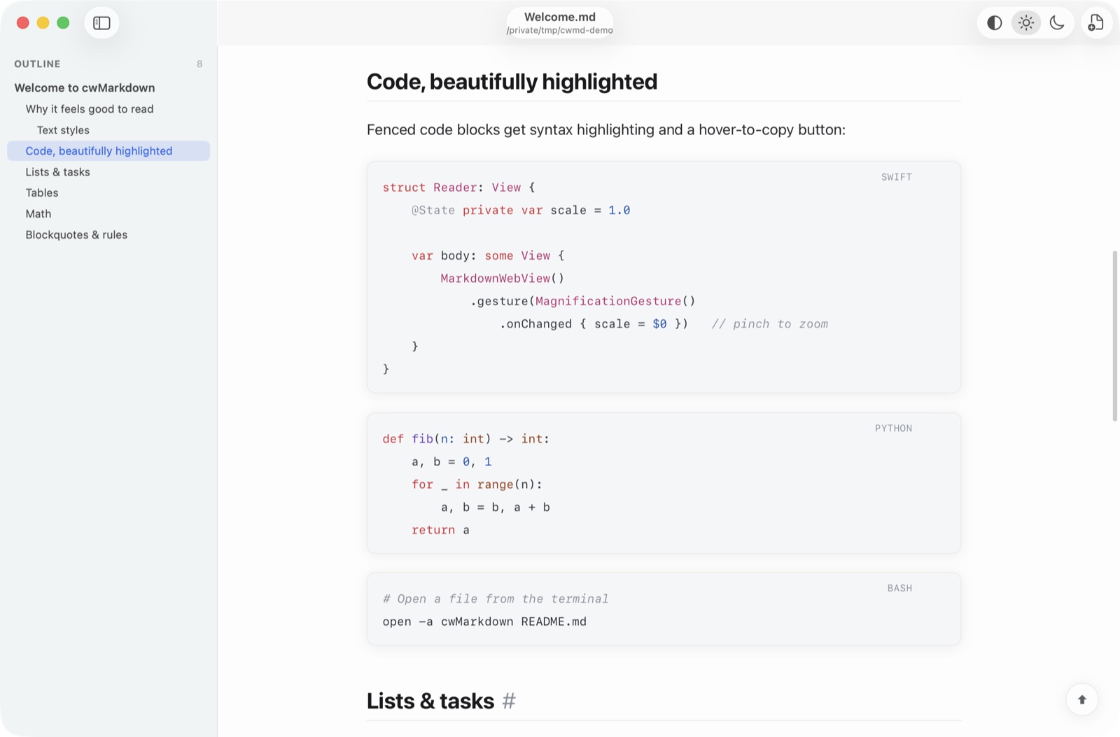 cwMarkdown showing the same code blocks in light mode