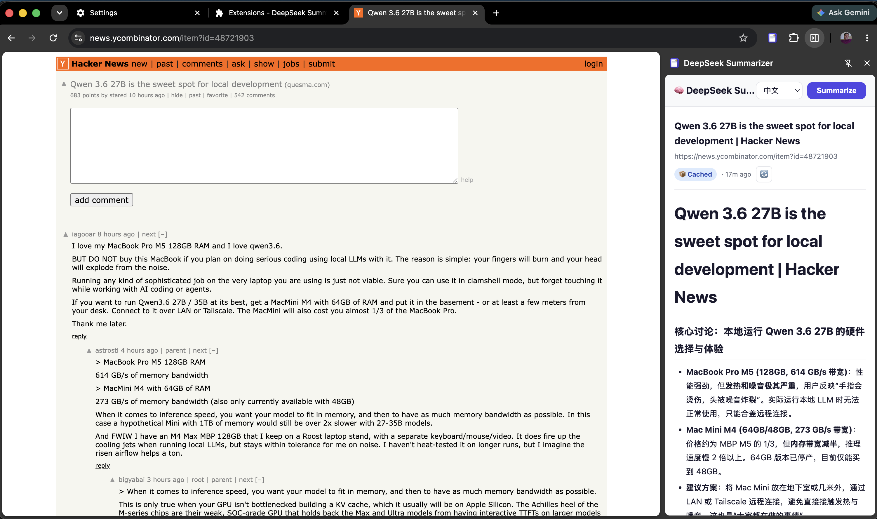 cwsum side panel on a webpage: indigo header bar with language selector and Summarize button, page metadata row, Cached badge with timestamp, refresh button, and markdown-rendered summary content below