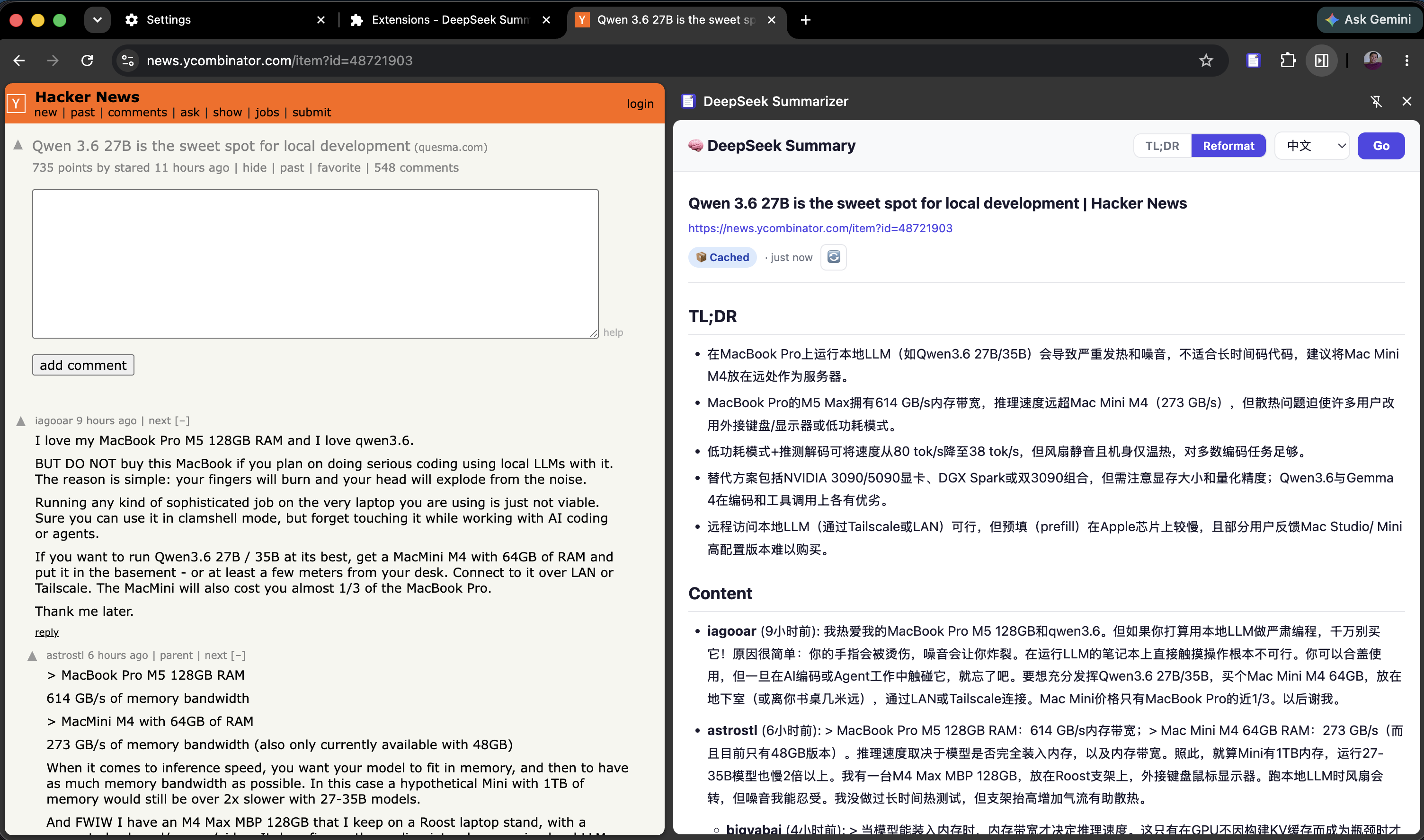 cwsum side panel showing Reformat mode: clean Markdown rendering of a full webpage with headings, images, links, and tables preserved in a reader-friendly layout