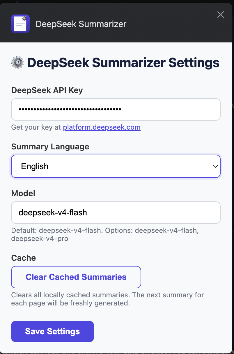cwsum Options page: API key input field, model selector dropdown, API base URL field, and default language toggle