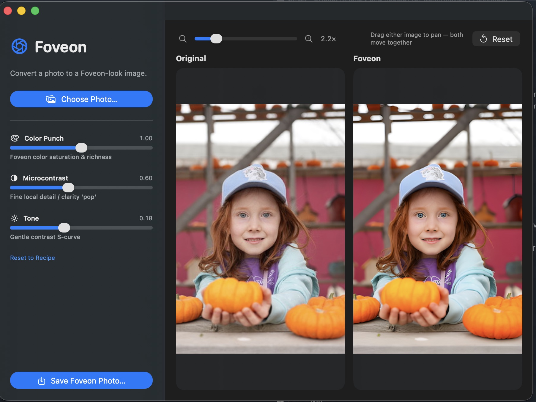 Foveon app — left sidebar with sliders, side-by-side Original vs Foveon preview